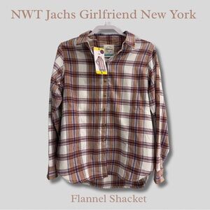 NWT Jachs Girlfriend NY Flannel Shacket in tan, white and pink WITH POCKETS